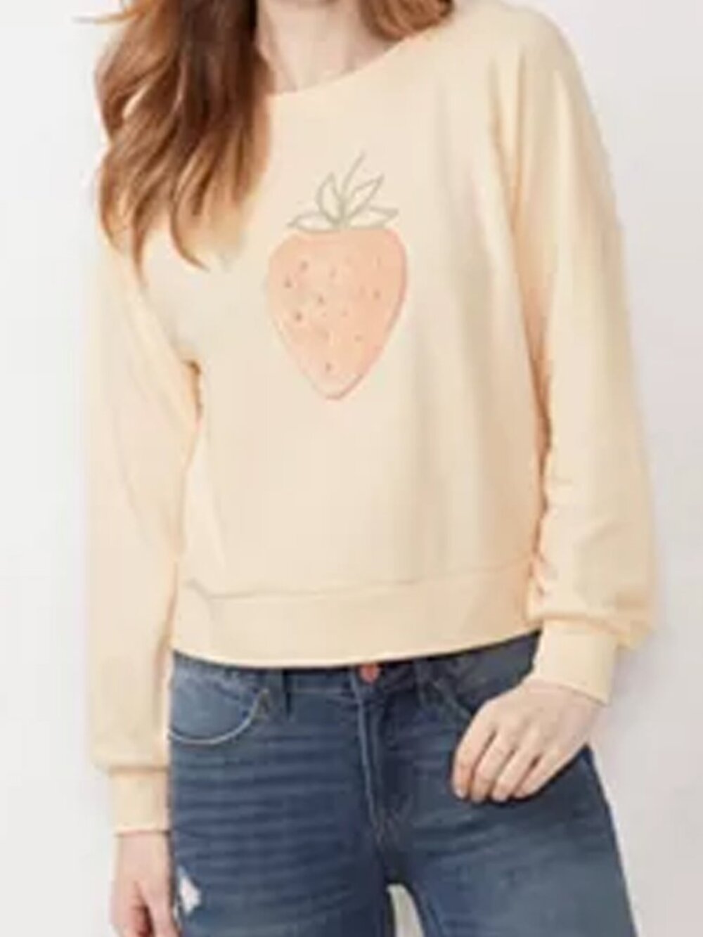 LC Lauren Conrad Fuzzy Strawberry Graphic Pullover Sweatshirt Women Large NWT